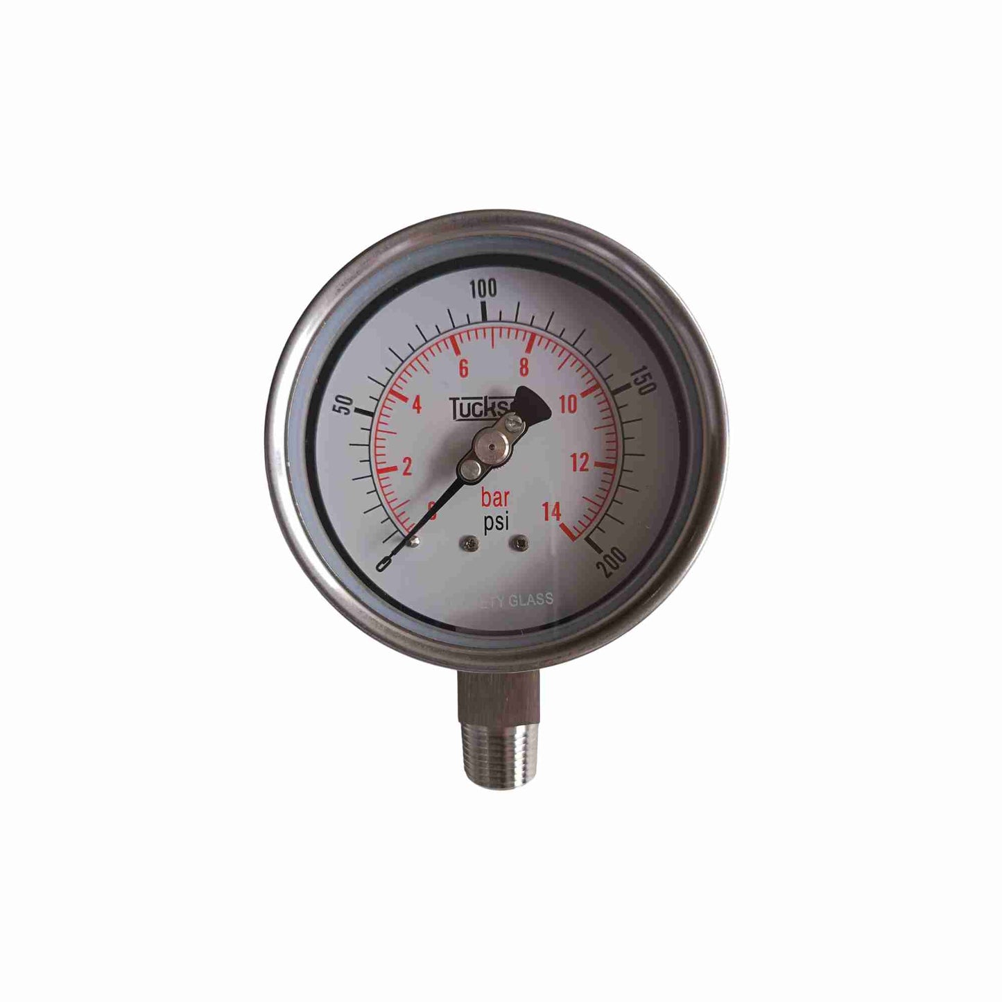MANOMETRO CARATULA DE 2.5 PULGADAS RANGO DE 200 PSI 14 BAR ROSCA INFERIOR VERTICAL DE 1/4 NPT FULL INOX
