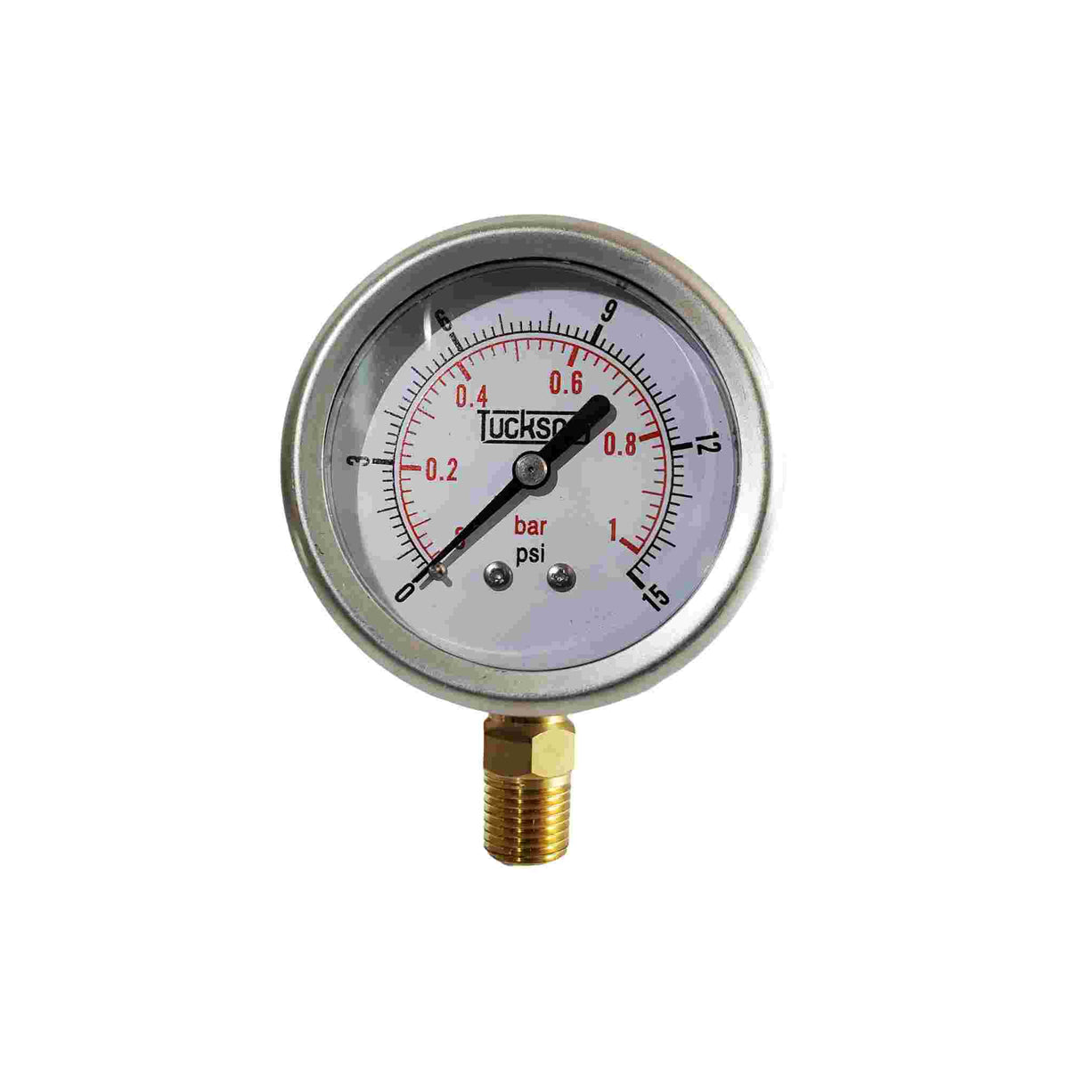 MANOMETRO CARATULA DE 2.5 PULGADAS RANGO DE 15 PSI 1 BAR ROSCA INFERIOR VERTICAL DE 1/4 NPT FULL INOX